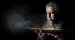Man Blowing Dust Off Book: blank meme template