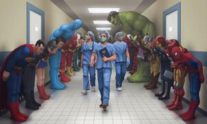 Superheroes Bowing to Doctors: blank meme template