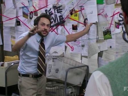 Image of Charlie Day as Charlie Kelley in popular Pepe Silvia meme pointing at a serial killer conspiracy board