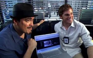 Dexter and Angel Batista On a Computer: blank meme template